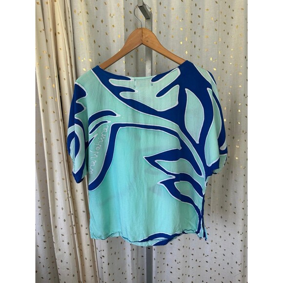 Nahe Wahine Hawaiian Watercolor Batik Mint Blue Flowy Cold Shoulder Blouse XS - Picture 4 of 6